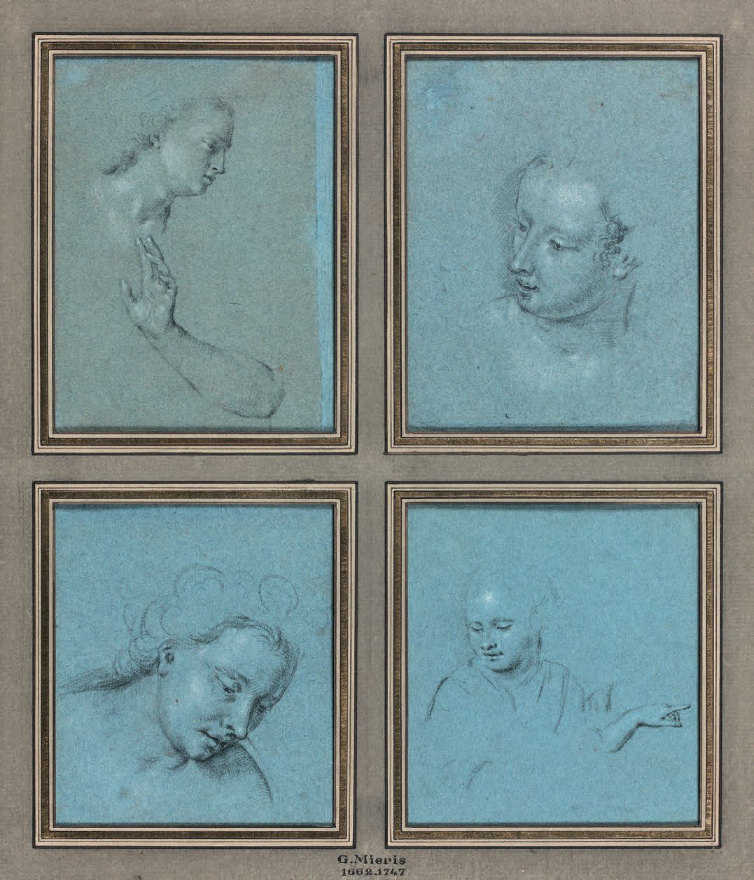 Ecole HOLLANDAISE de la fin du XVIIe siècle 四幅头像研究画作在同一画座上
蓝纸上的黑石和白粉笔高光
14 x 10.&hellip;