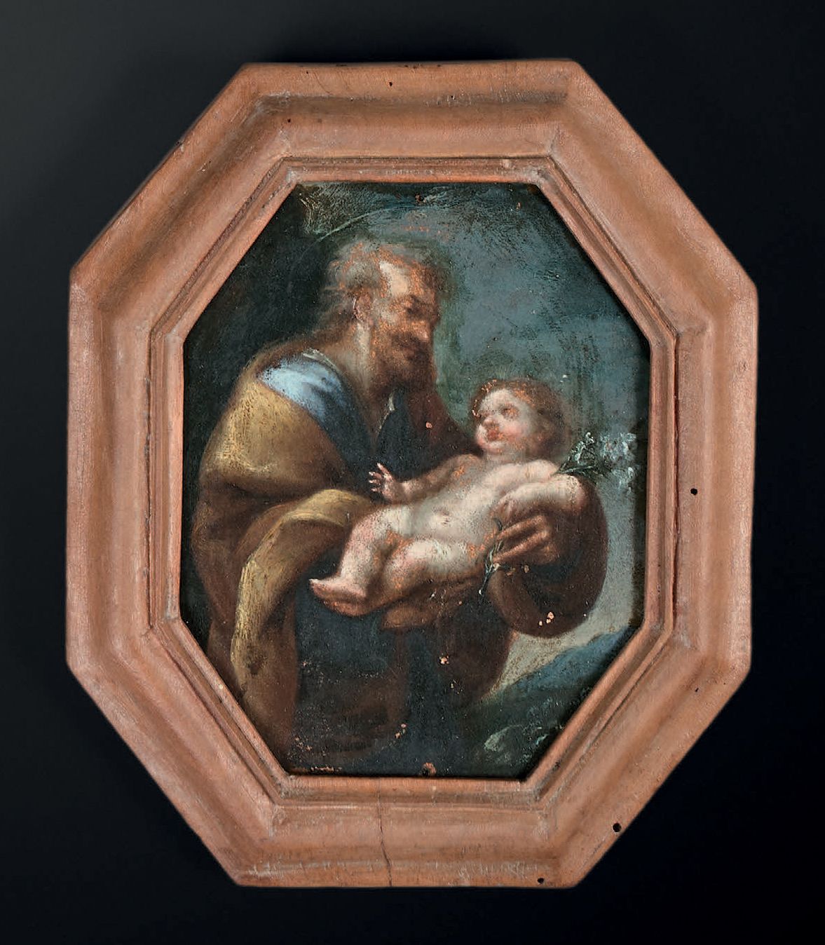 ECOLE ITALIENNE DU DÉBUT DU XVIIIe SIÈCLE 
圣人怀抱的儿童耶稣



八角形铜板上的油彩



H.11 cm - W&hellip;