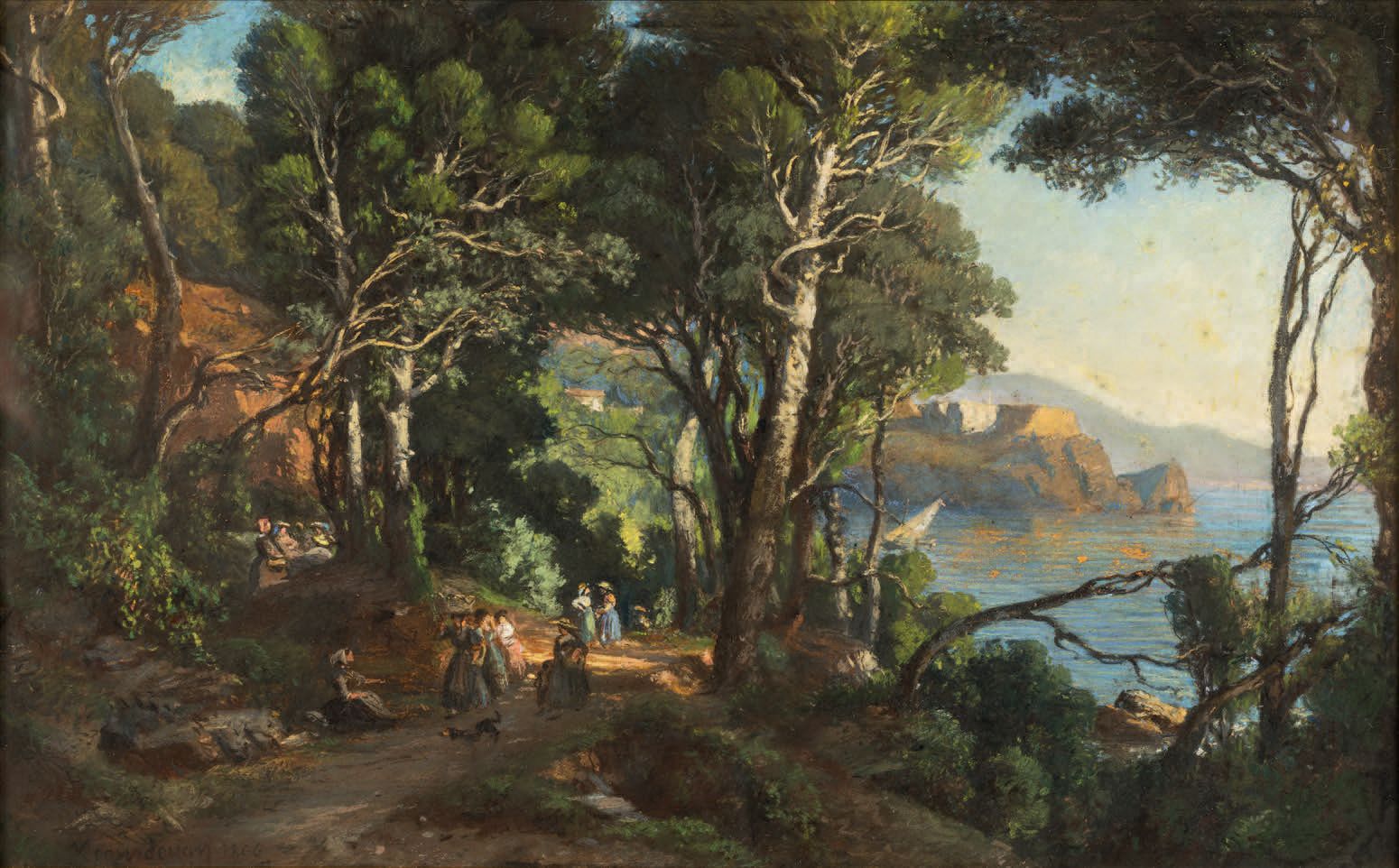 VINCENT COURDOUAN (TOULON 1810 - 1893) Caminantes en un sendero de la Riviera fr&hellip;