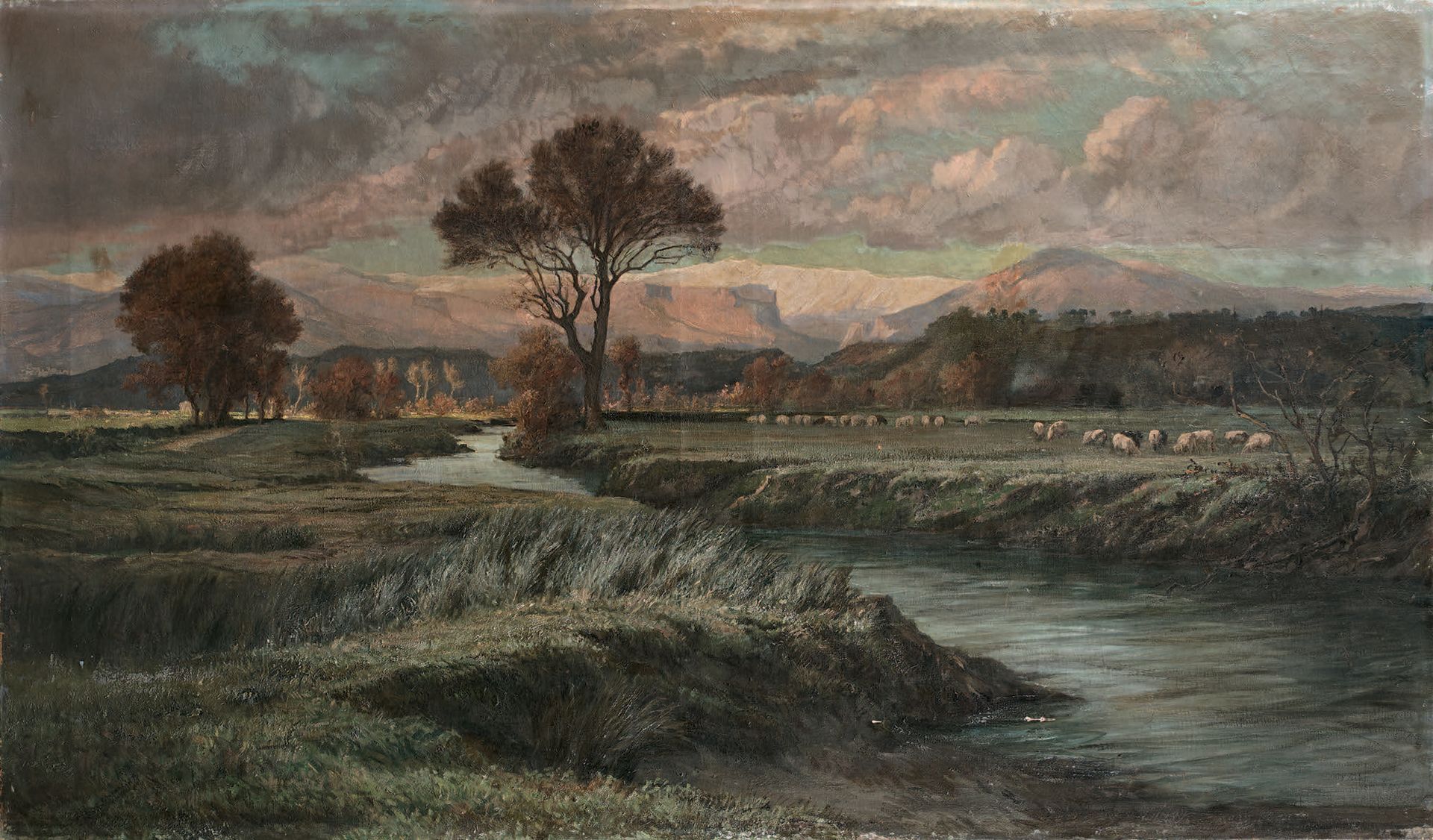 Attribué à Ernest BUTTURA (1841-1920) 牧场
布面油画，在其原始帆布上（损坏和修复）
78 x 132,5 cm。