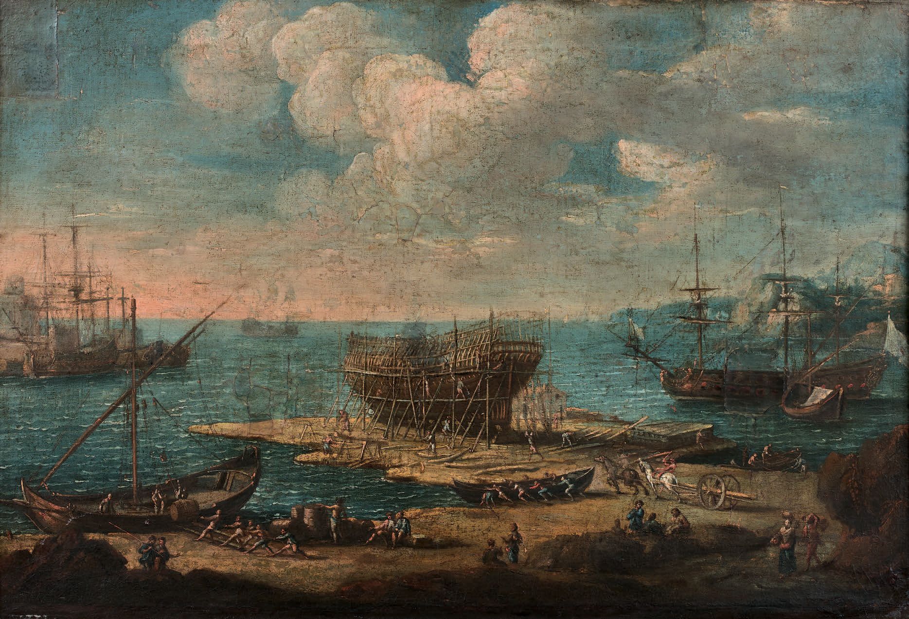 École italienne vers 1750, entourage de Charles Léopold GRENBROECK 地中海上的船厂景观
帆布
&hellip;