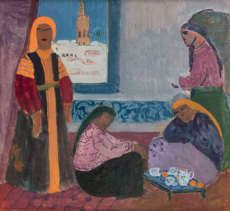 Charles Georges Dufresne (1876-1938) 阿尔及利亚妇女在室内喝茶
纸上水粉和水彩画。
左下角有签名。17.5 x 18.5 c&hellip;