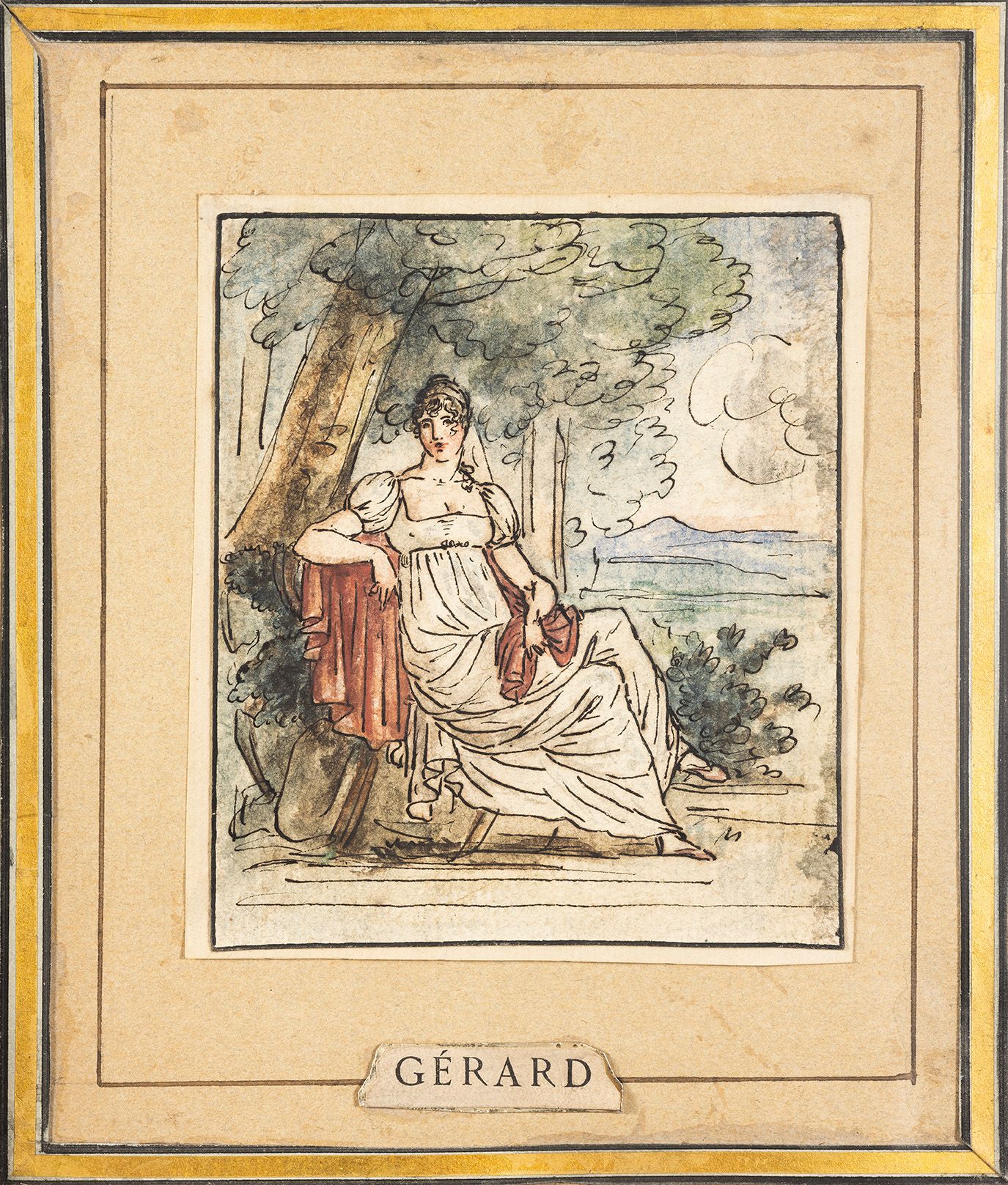 Ecole FRANCAISE vers 1800 坐在树下的女人
钢笔和棕色墨水的水彩画 11.5 x 9.8 cm
裱框上的旧题词 "Gérard"
右侧边&hellip;