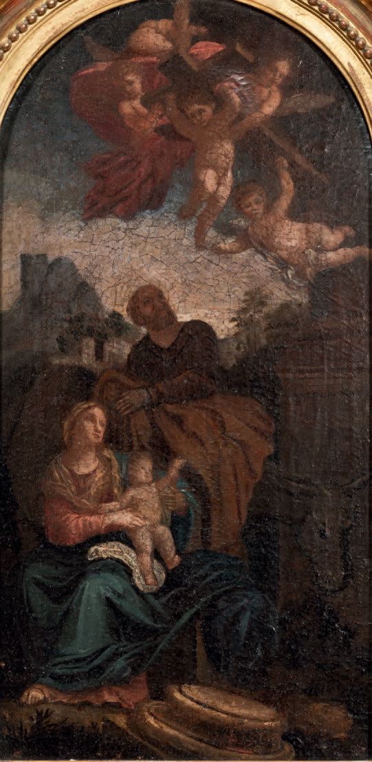 École ITALIENNE de la fin du XVIIe siècle 被天使崇拜的神圣家族
镶嵌在弧形板上的帆布
45 x 23 cm
磨损和撕裂&hellip;