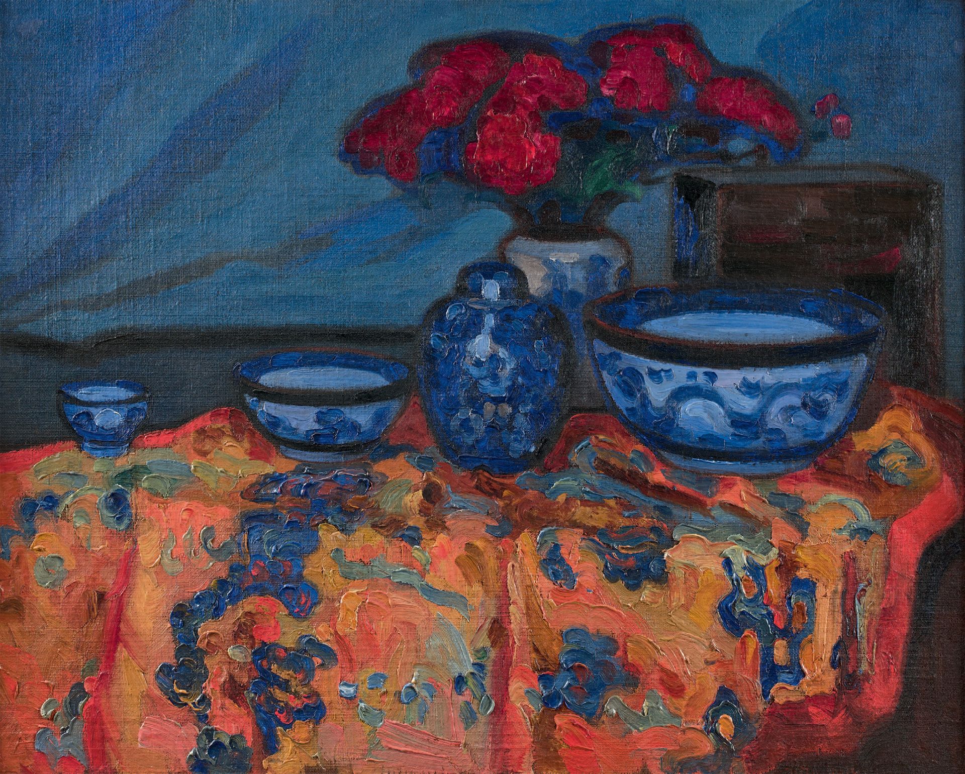 Ladislas SLEWINSKI(1854-1918) ?蓝色盘子的静物
右下角签名的布面油画
73 x 92 cm
展览：
蓬阿文学校，现代性的摇篮，蓬阿&hellip;