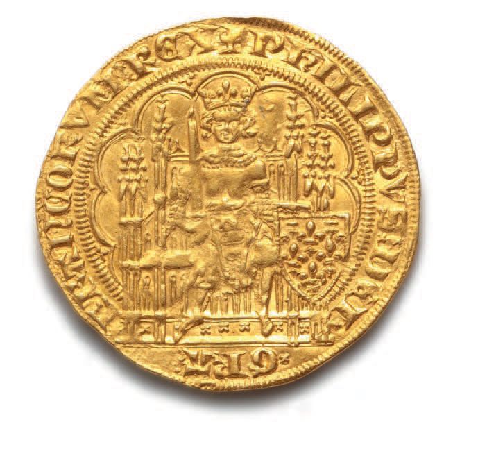 Null PHILIP VI (1328-1350)
Goldschild mit Stuhl. 4,49 g. 
 D. 249.
Großer Flan. &hellip;