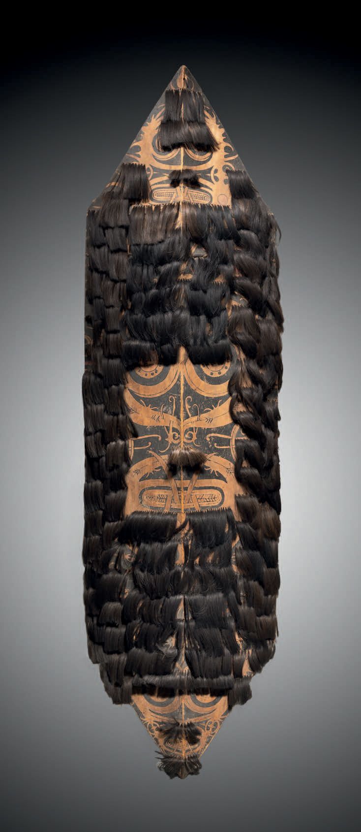 Null 
达雅克盾牌，婆罗洲，印度尼西亚

19世纪末-20世纪初

轻质木材、柳条、纤维、头发、颜料

H.135 cm - L. 37

达雅克盾牌，婆罗&hellip;