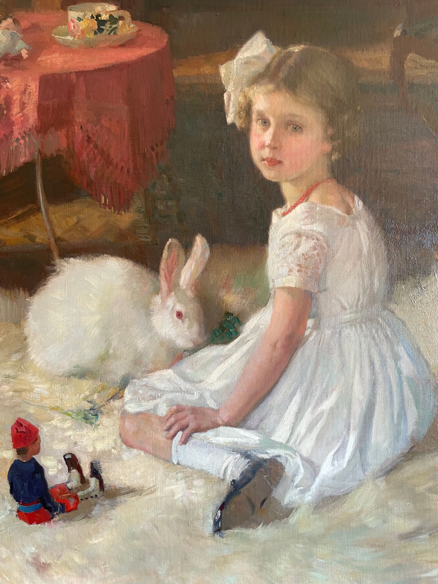Walter GEFFCKEN (1872-1950) 带着白兔的女孩
布面油画
左下角有签名和日期1917 117,5x92厘米。(正在查看)。