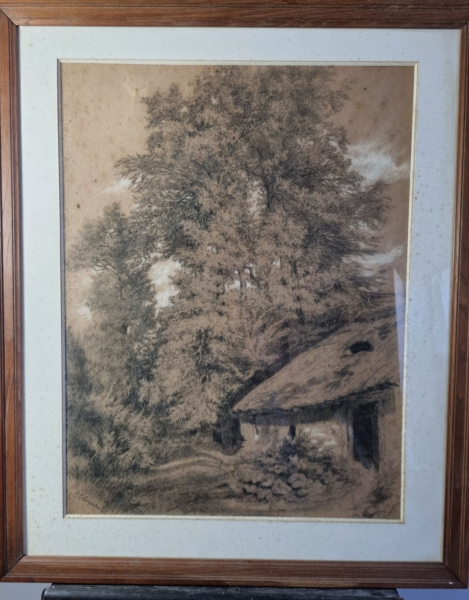 E.CHARPENTIER Maison en sous bois
Fusain et craie blanche x39 cm.
(Piqûres)