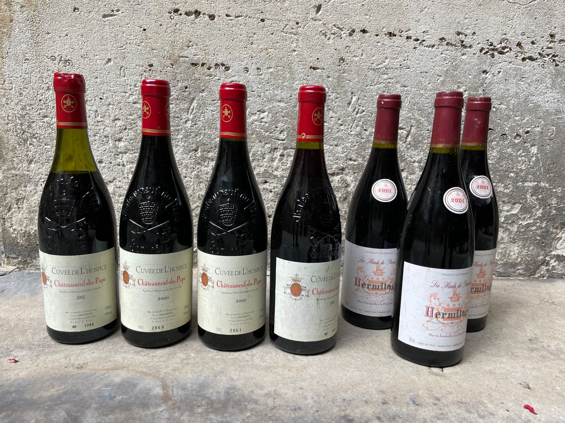 Null 一批7瓶
包括4瓶Hospis Châteauneuf du pape 2000
和3瓶Les hauts de pavieres - Hermita&hellip;