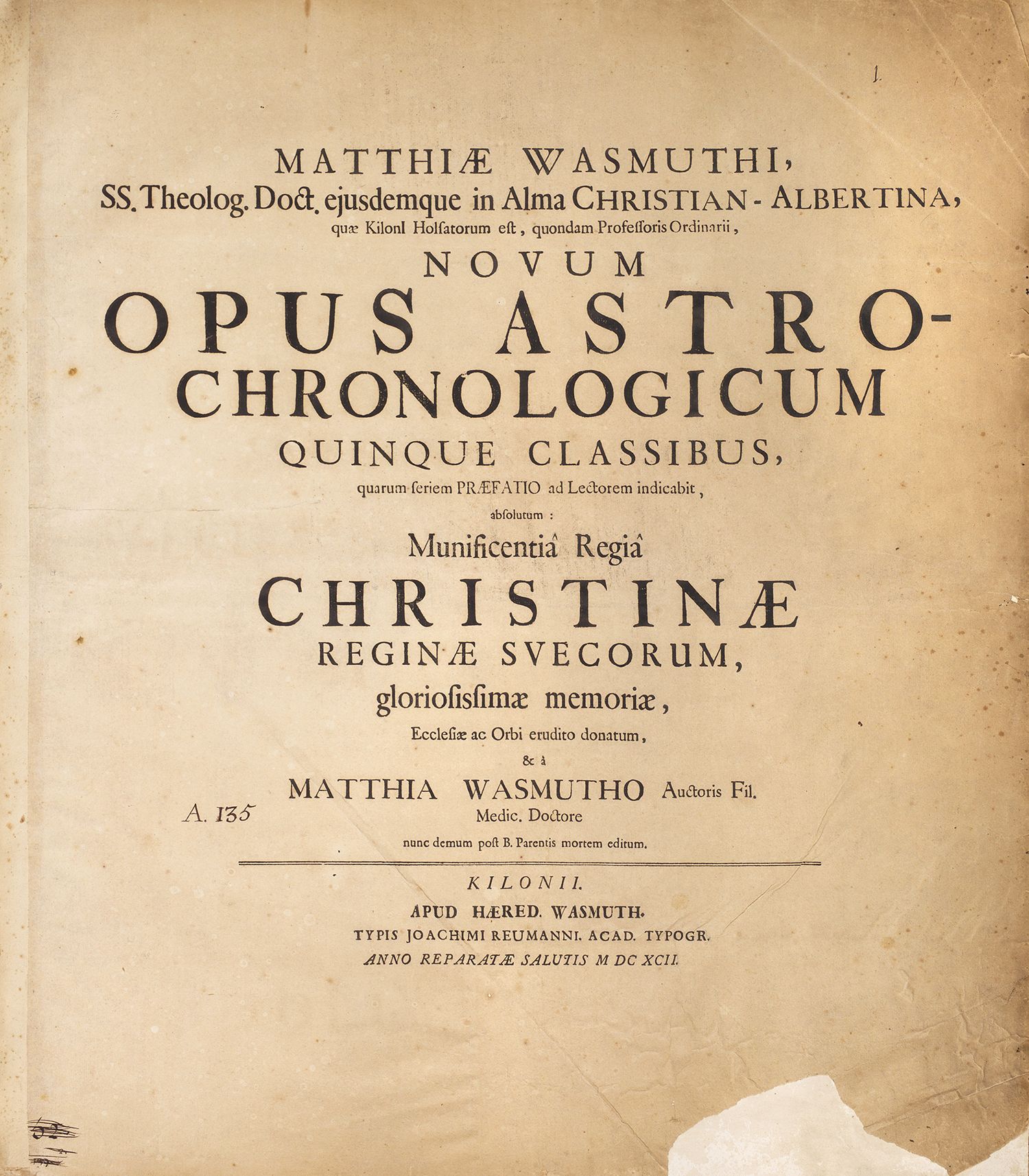 WASMUTH (Matthias) Novum opus astro-chronologicum quinque classibus. Kilonii, Ap&hellip;