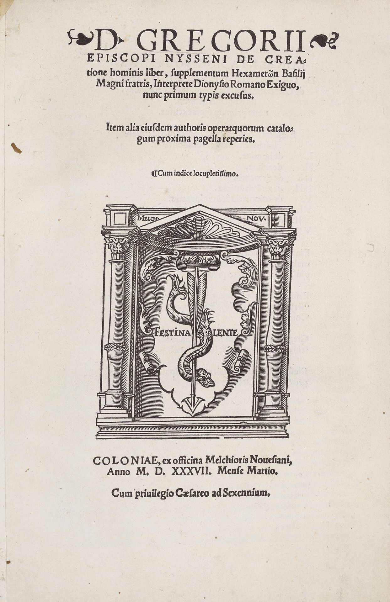 GREGOIRE DE NYSSE De creatione hominis liber. Colonia, Melchior Novesianus, 1537&hellip;