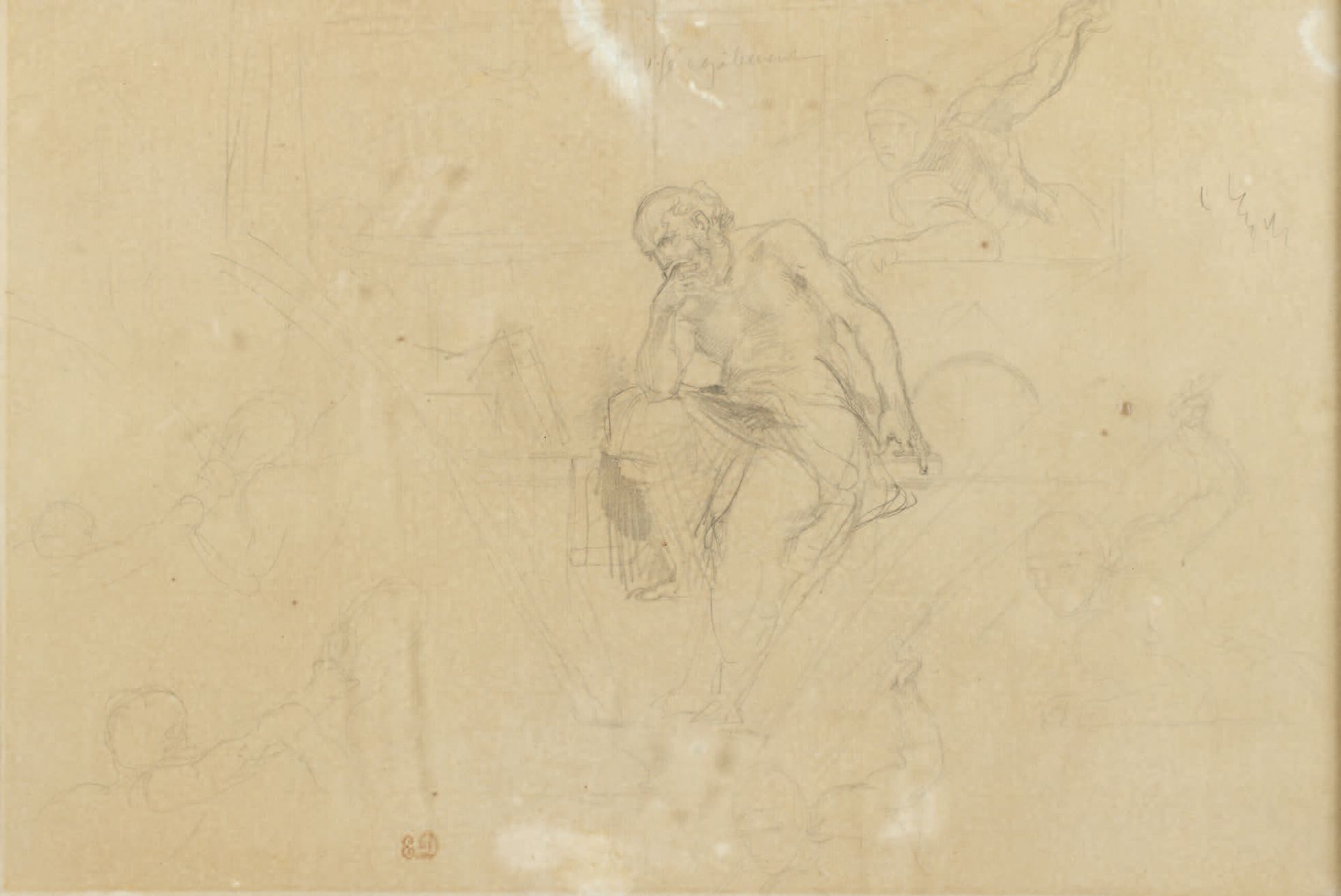Eugène DELACROIX (Paris 1798-1863) 谋杀阿基米德的研究，挂件来自波旁宫图书馆
黑色铅笔
25 x 36.5 cm
工作室印章（&hellip;