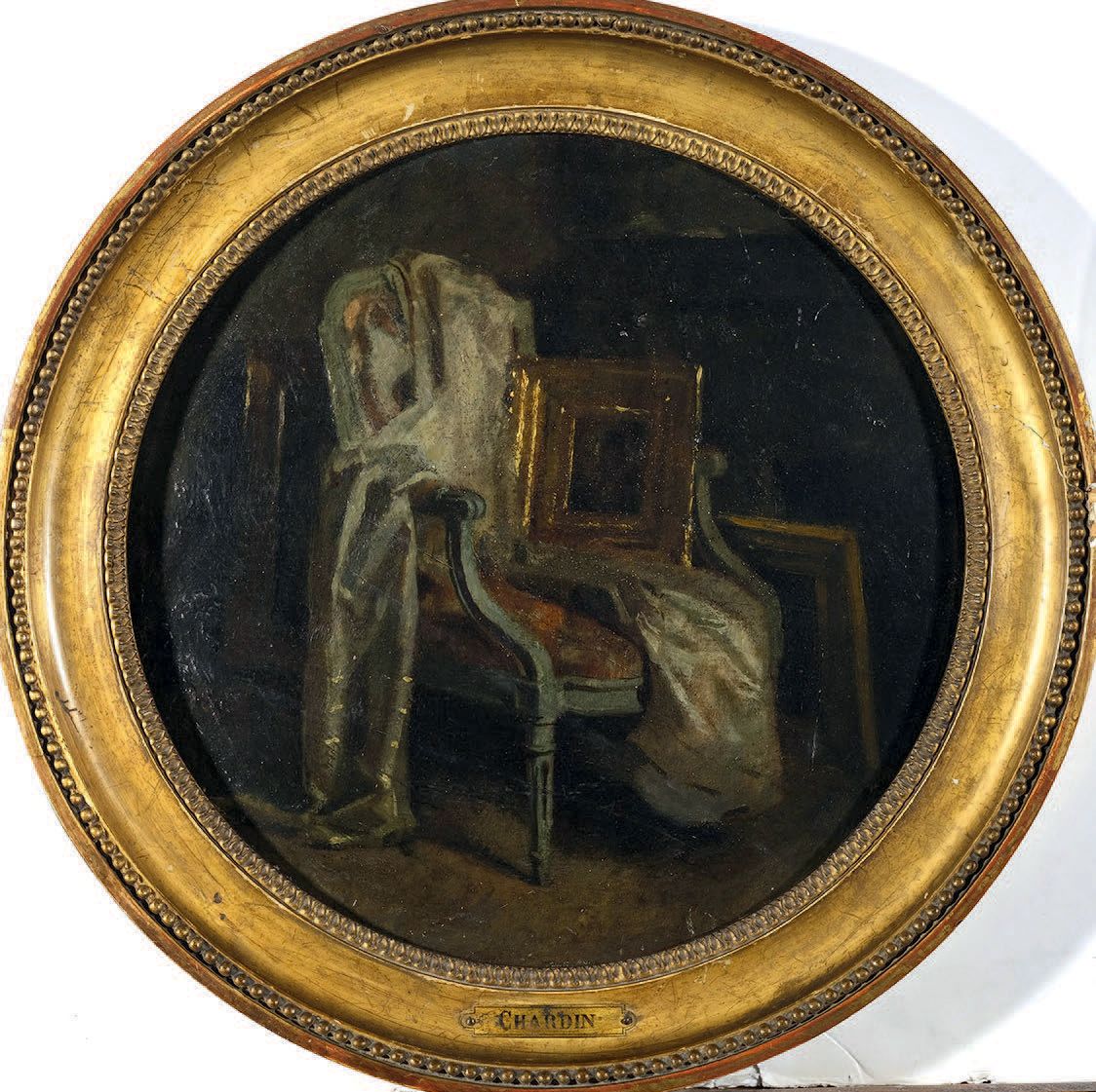 École française du début du XIXe siècle, suiveur d'Hubert ROBERT 静物与椅子和金色框架
纸张安装&hellip;