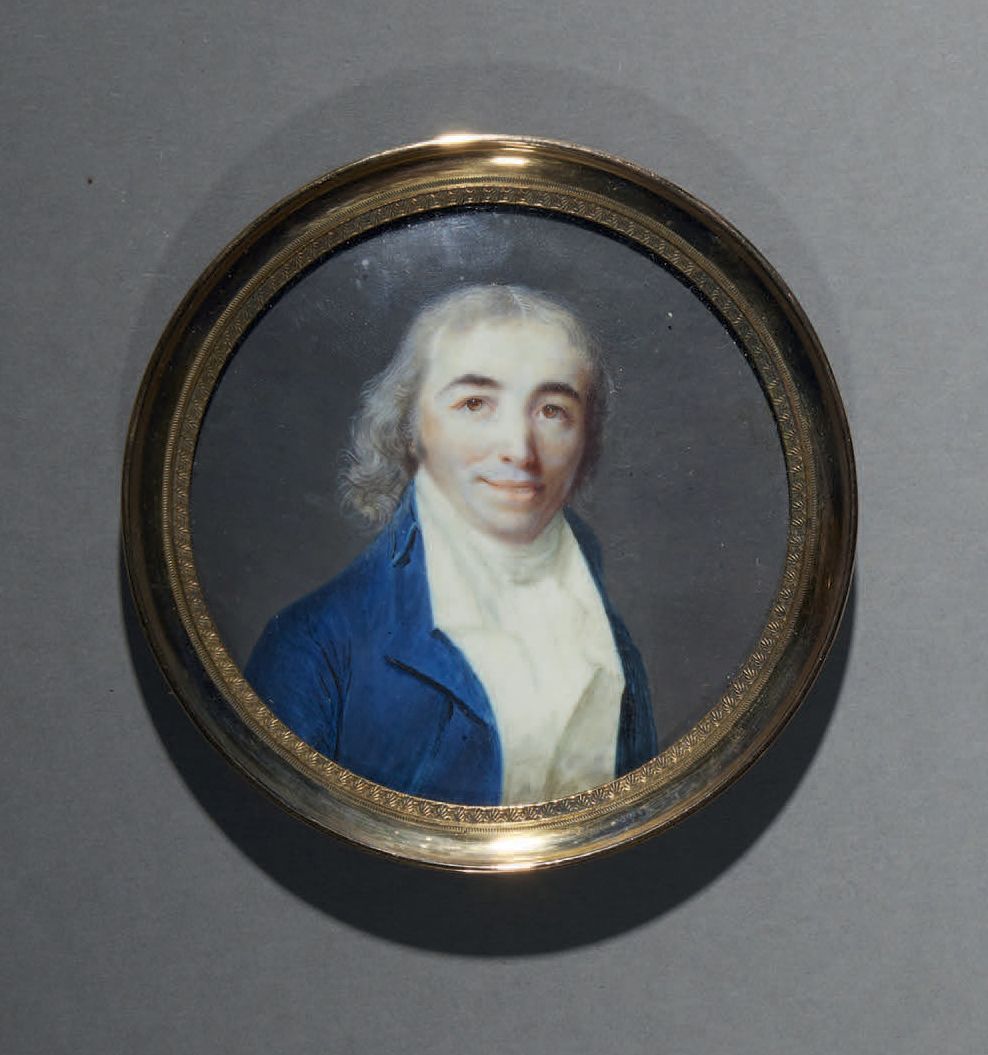 Jean-Baptiste AUGUSTIN (1759-1832), entourage de 
穿着蓝色连衣裙的男子的肖像



象牙上的圆形微型画



&hellip;