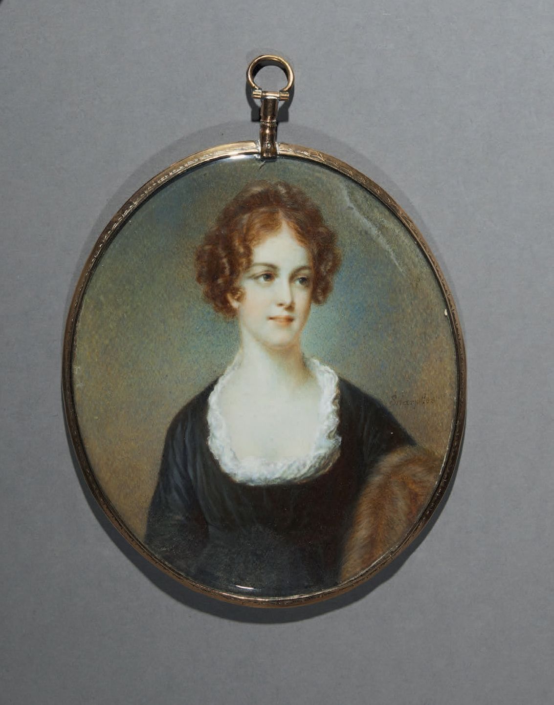 SHARPELS, Hellen - Ms James SHARPLES (1769-1849) 
穿着黑色天鹅绒连衣裙和毛皮围巾的年轻女子的画像



象牙上&hellip;