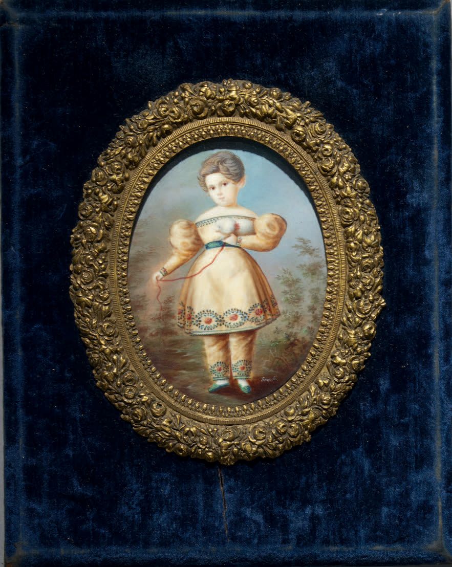 G. SUQUELLI École italienne vers 1800 
在花园里抱着一只比熊犬的孩子的画像



象牙上的椭圆形微型画，右下方有签名


&hellip;