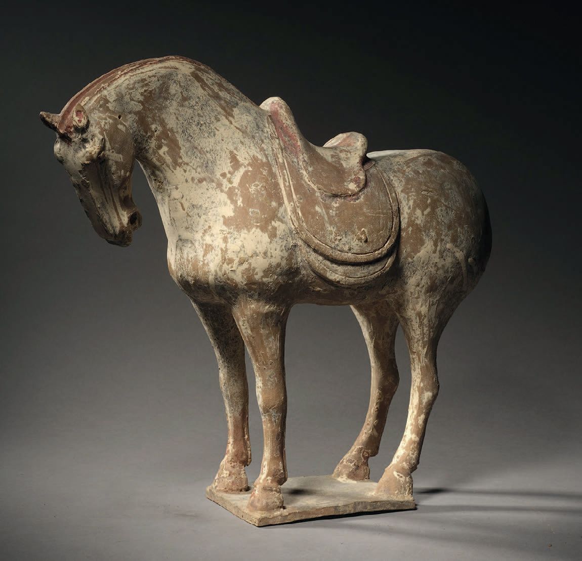 CHINE - Dans le style TANG Statuetta di un cavallo in piedi e sellato su una ter&hellip;