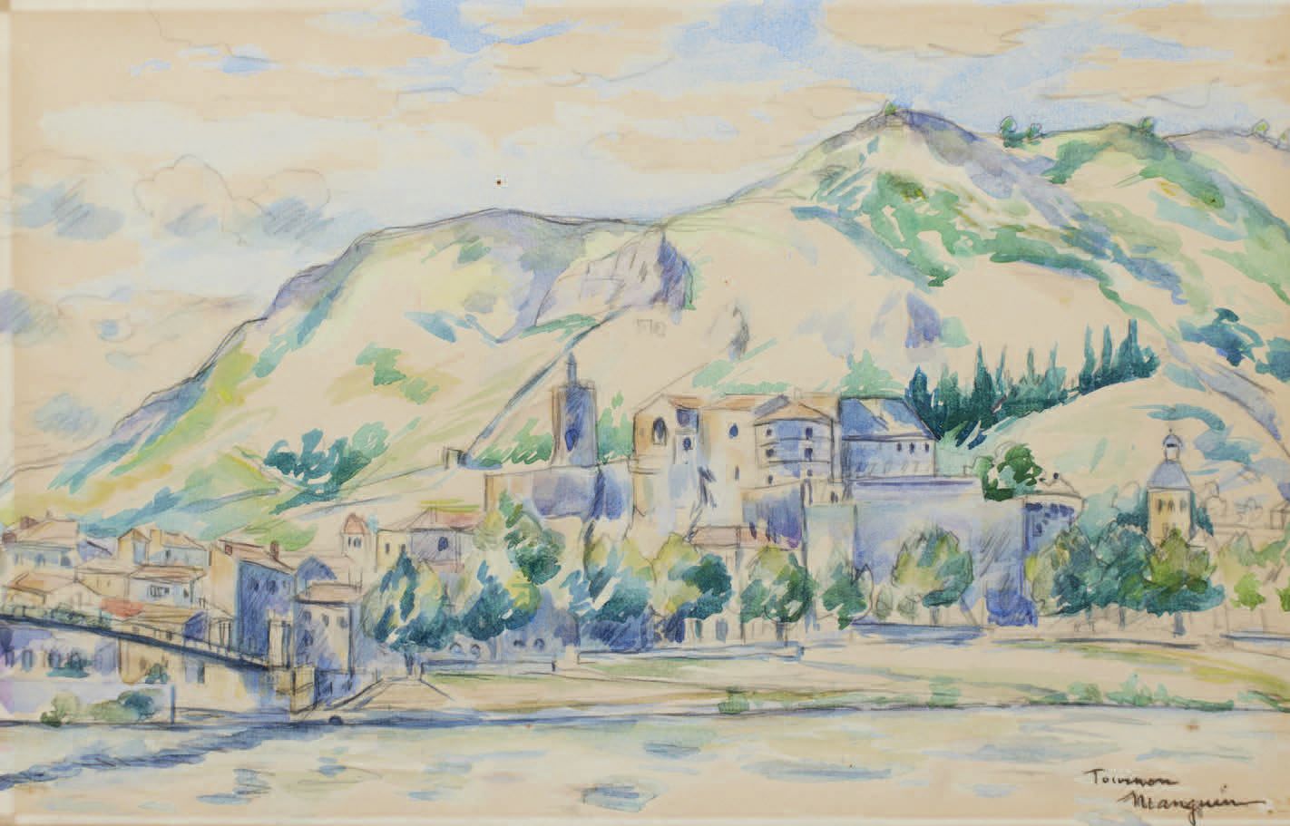 Henri MANGUIN (1874-1943) 图尔农的罗纳河，1944年
水彩画，签名并位于右下方 28.5 x 44.8 cm
在Jean-Pierre&hellip;