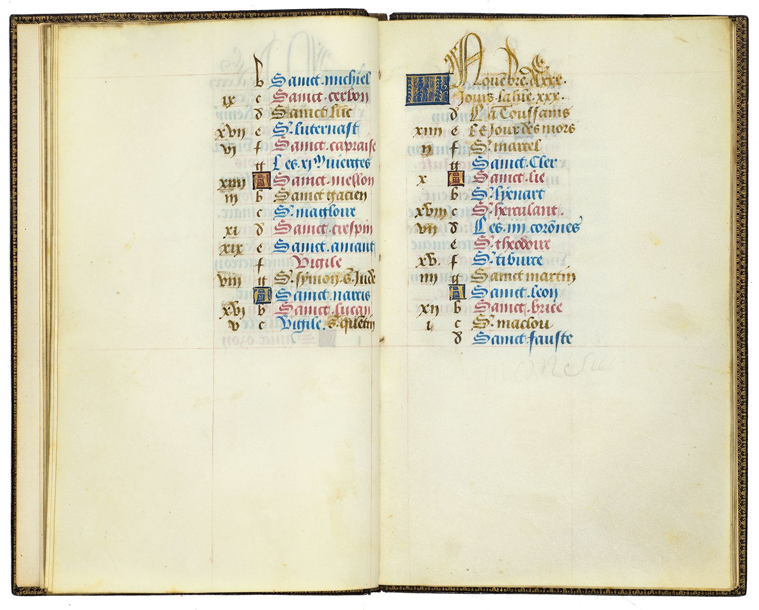 Null [MANUSCRIT].[HOURS（用于巴黎）]。
一本小时书的片段（供巴黎使用），包括一个完整的日历
法语和拉丁语，羊皮纸上的照明手稿
法国西部，&hellip;
