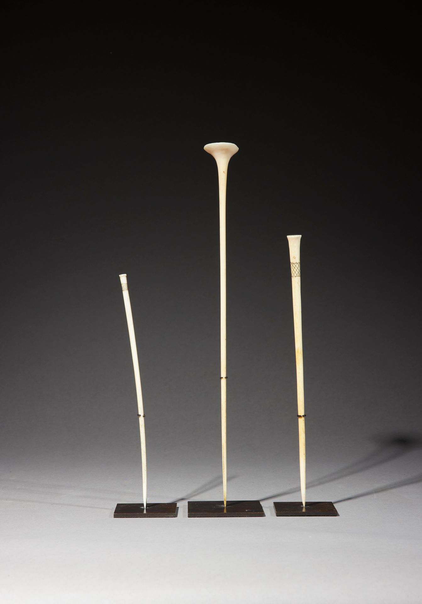 Null 三个Mangbetu发夹

刚果 DRC

象牙色

H.19.5至30厘米



一套三个由一块象牙雕刻而成的精美别针，两个在顶部刻有几何图案，第三&hellip;