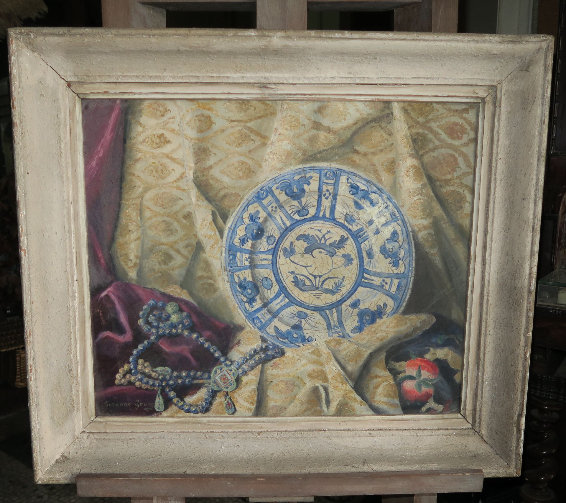 Suzanne Gruny (1880- ?) 静物与代尔夫特盘子 布面油画，左下角签名 46.5 x 56 cm