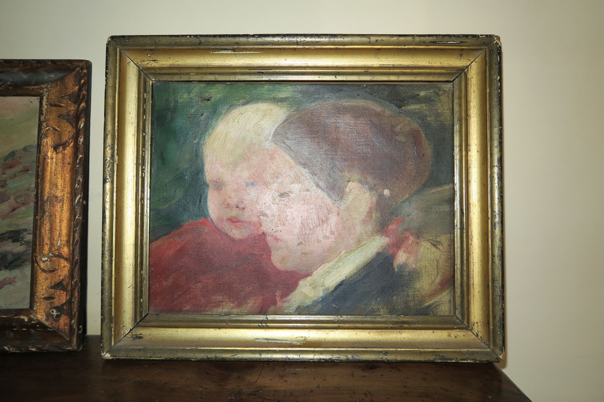 École de la fin du XIXe siècle Madre e figlio Olio su tela 25,5 x 33 cm a vista