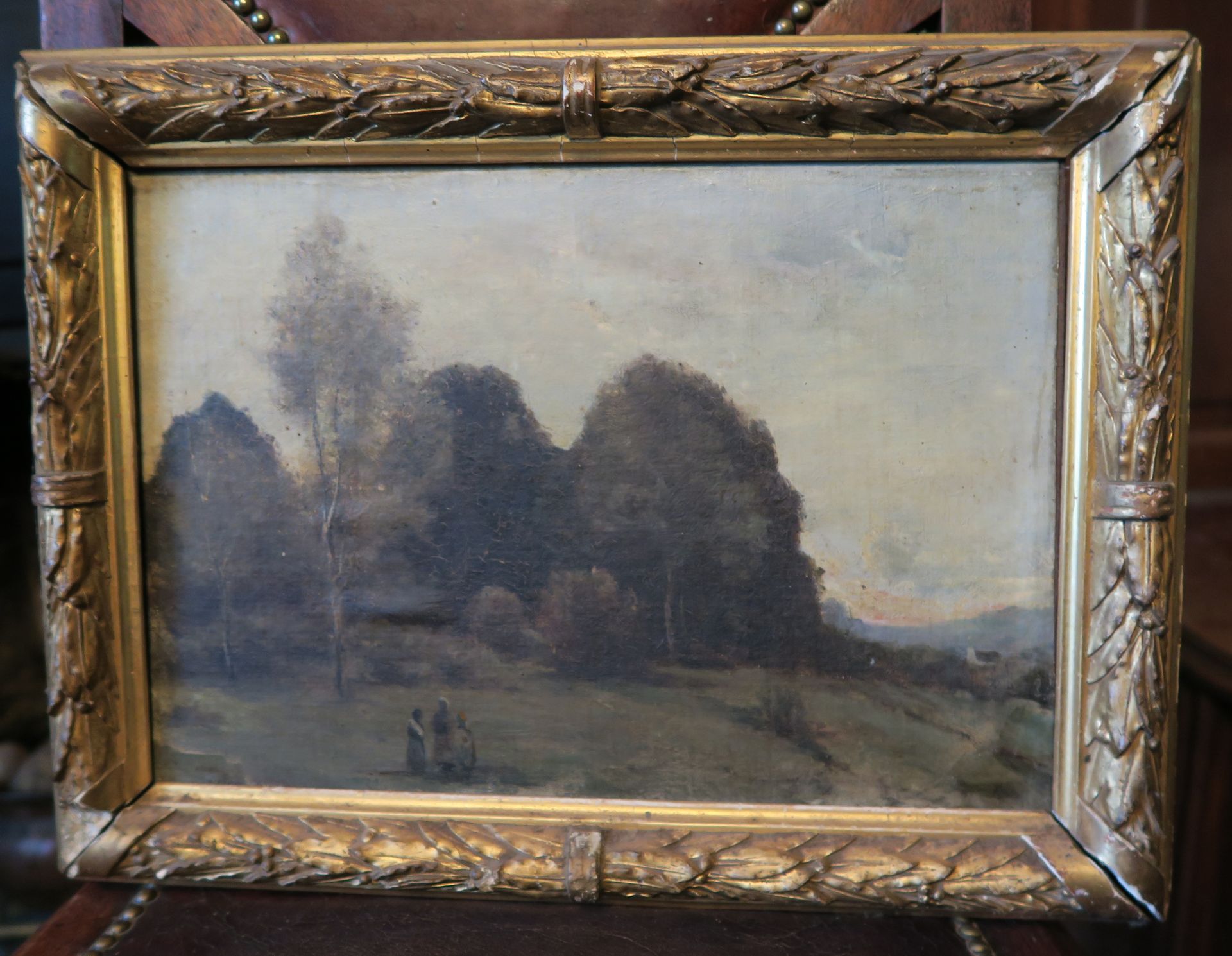 École de la fin du XIXe siècle 风景和人物
布面油画，左下角签名，装裱在画板上，献给 "朋友Portier "
22 x 32,7&hellip;