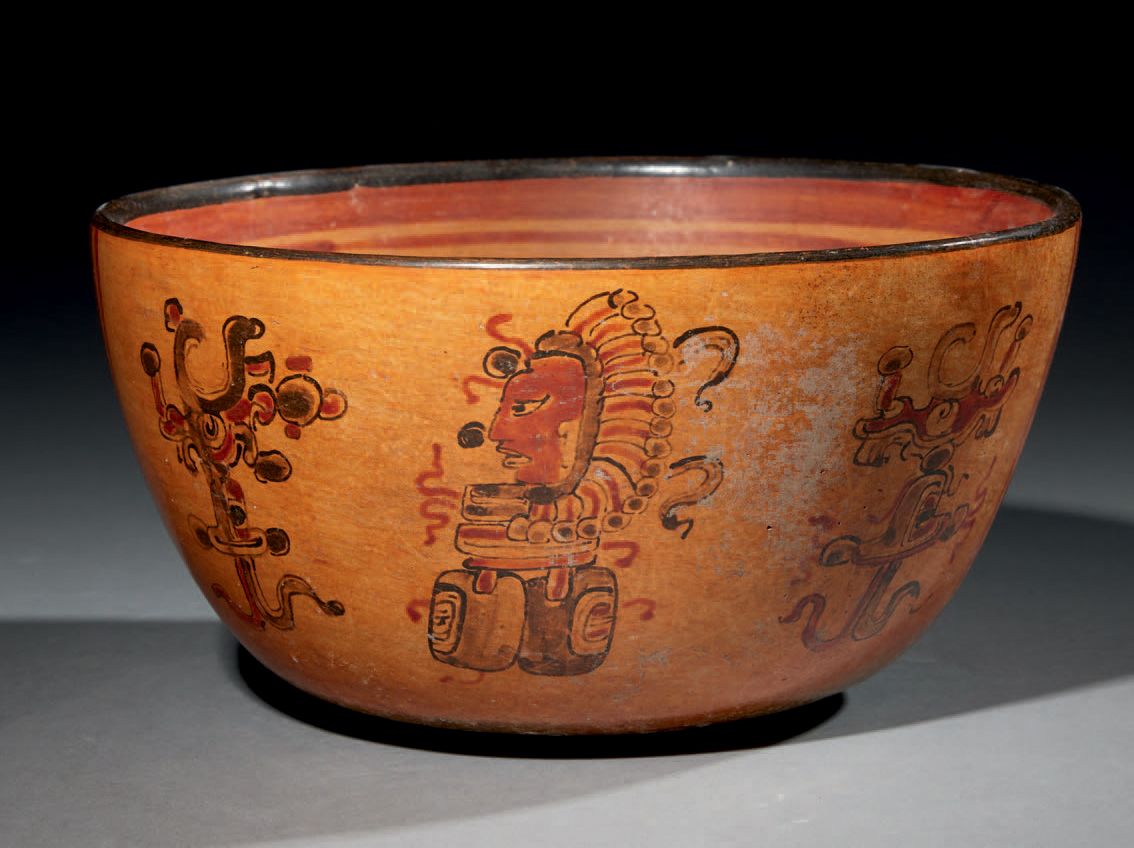 Null Ɵ Maya polychrome bowl with royal ancestor head and two Jester god profiles&hellip;