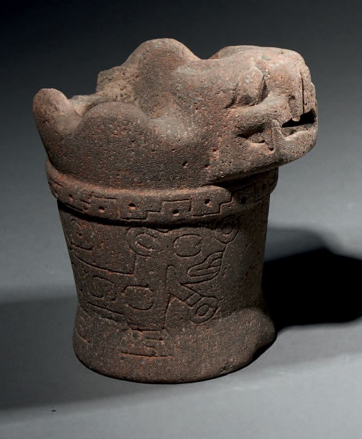 Null Ɵ Tiahuanaco Kero decorated with feline head, Bolivia, grey stone with cinn&hellip;