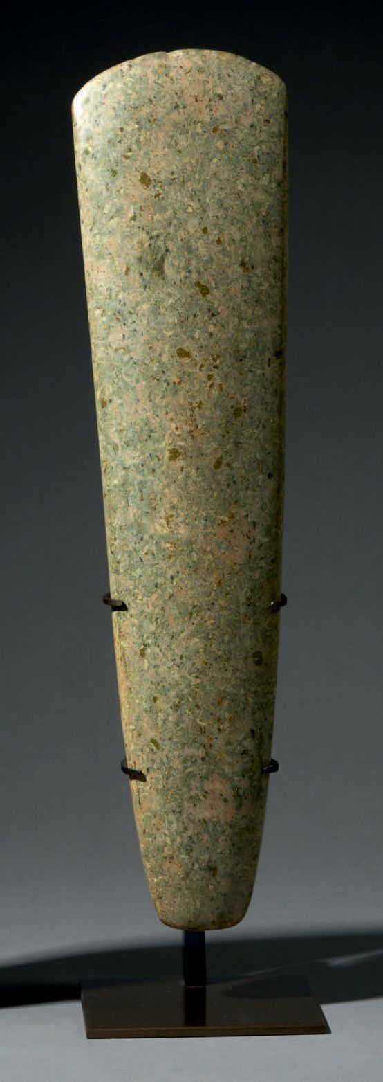 Null Maya celt, Mexico, mottled green stone
H. 15 3/4 in