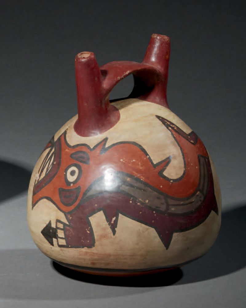 Null Nazca vessel with killing wales, Peru, buffware with polychrome paints
H. 3&hellip;