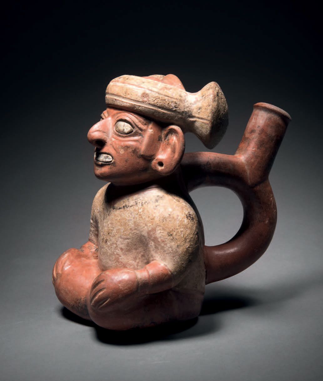 Null Ɵ Moche seated dignitary effigy vessel, Peru, ceramic with brown-orange sli&hellip;