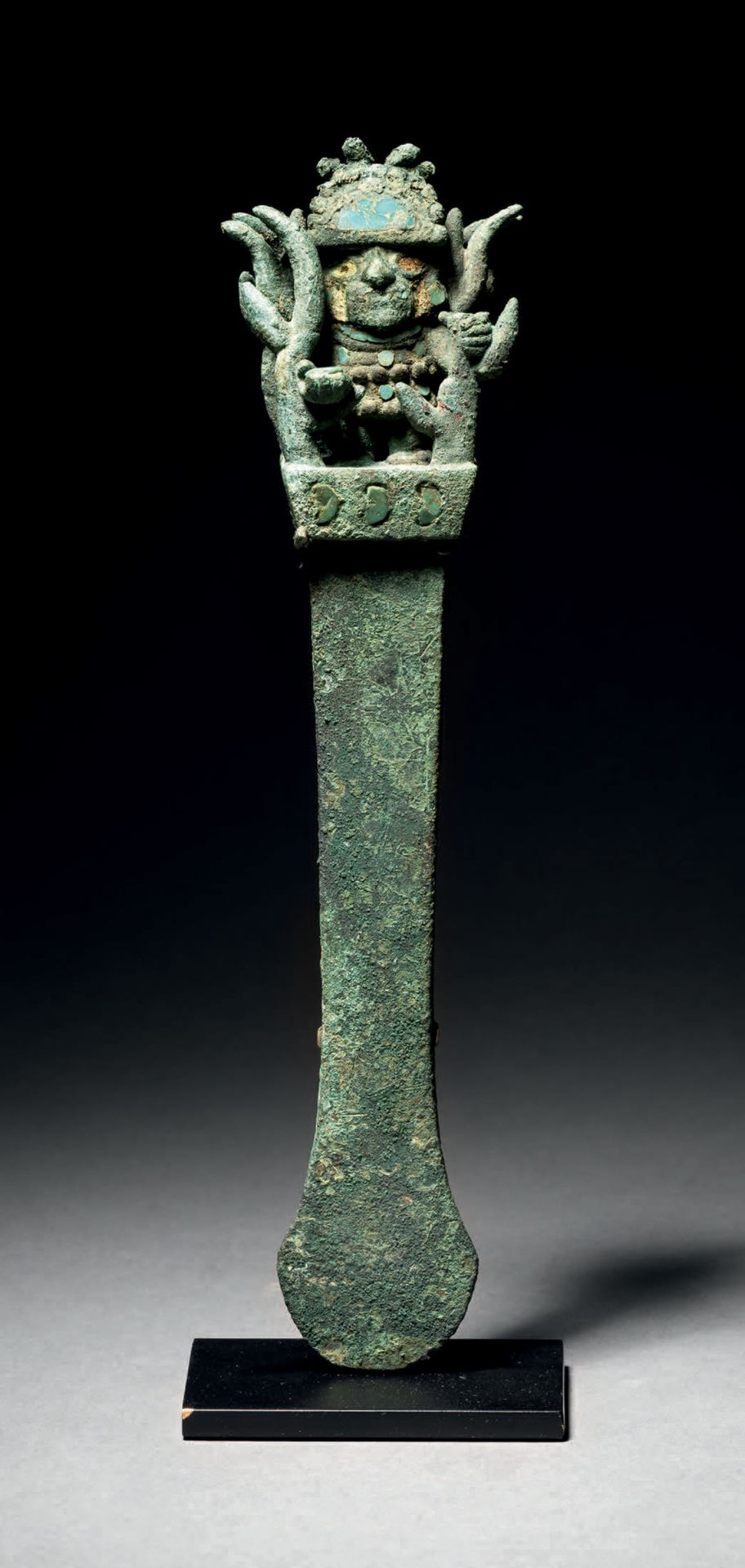 Null Ɵ Moche knife (tumi) with priest figure, Peru, bronze, shell and greenstone&hellip;