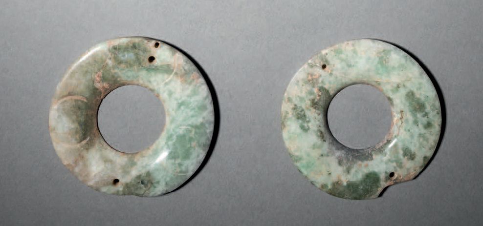 Null Ɵ Two Maya earspools, Mexico-Guatemala, mottled green jade D. 2 11/16 in - &hellip;