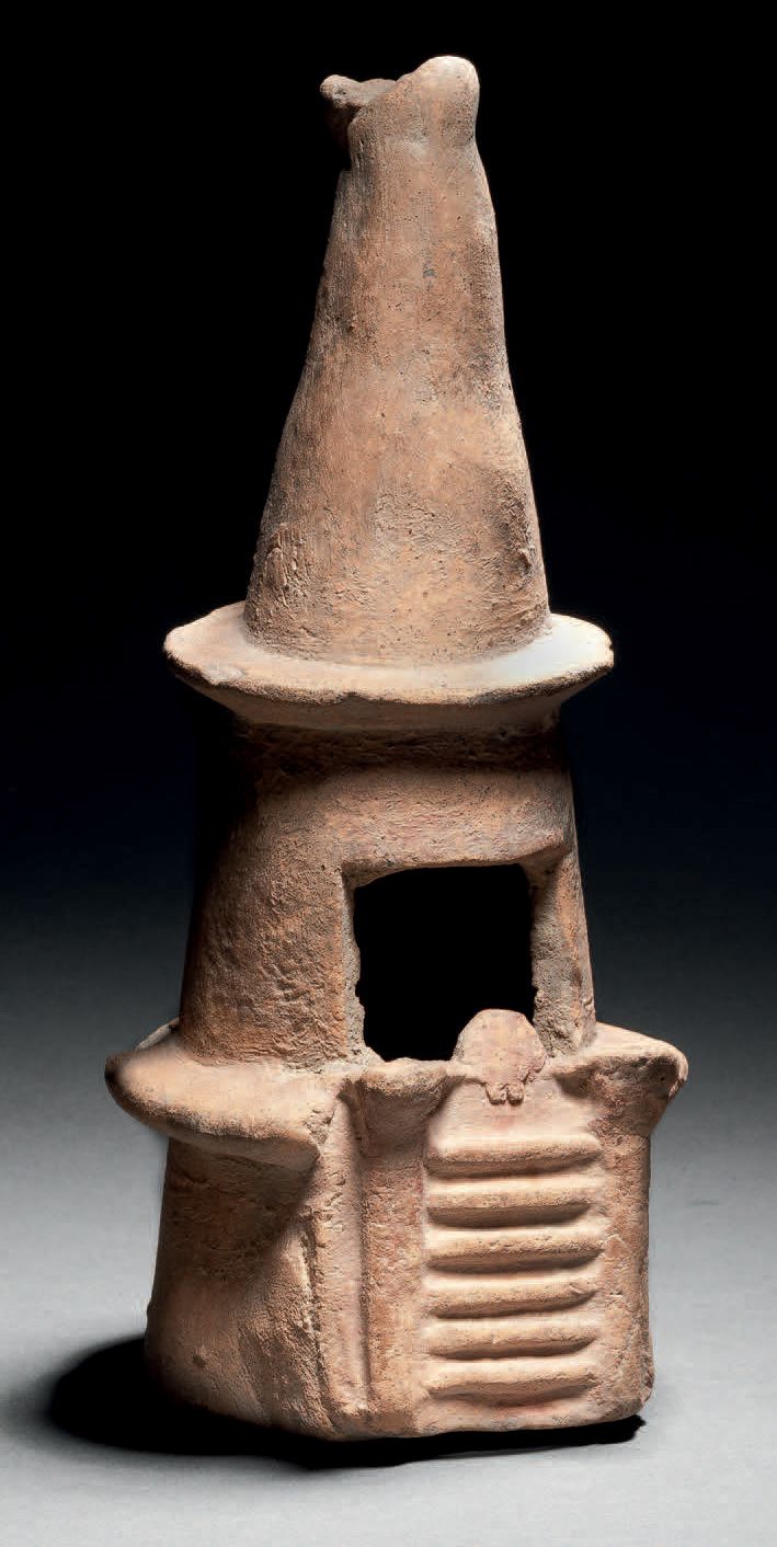 Null Ɵ Aztec temple model, Mexico, brown-orange ceramic
H. 7 7/8 in