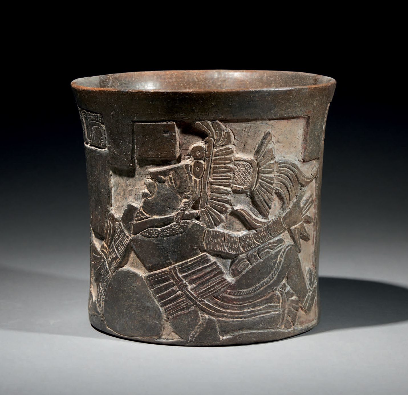 Null Ɵ Maya (Chocholá) carved vase with glyphs and ballplayer, Mexico, greyware &hellip;