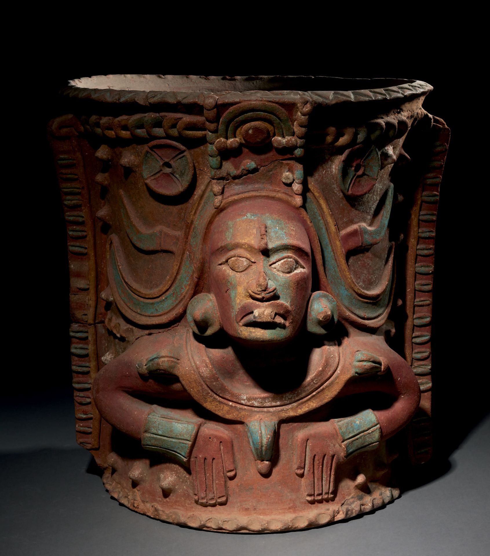 Null Ɵ Maya Quiche polychrome effigy urn of a divinity and two skulls, Guatemala&hellip;