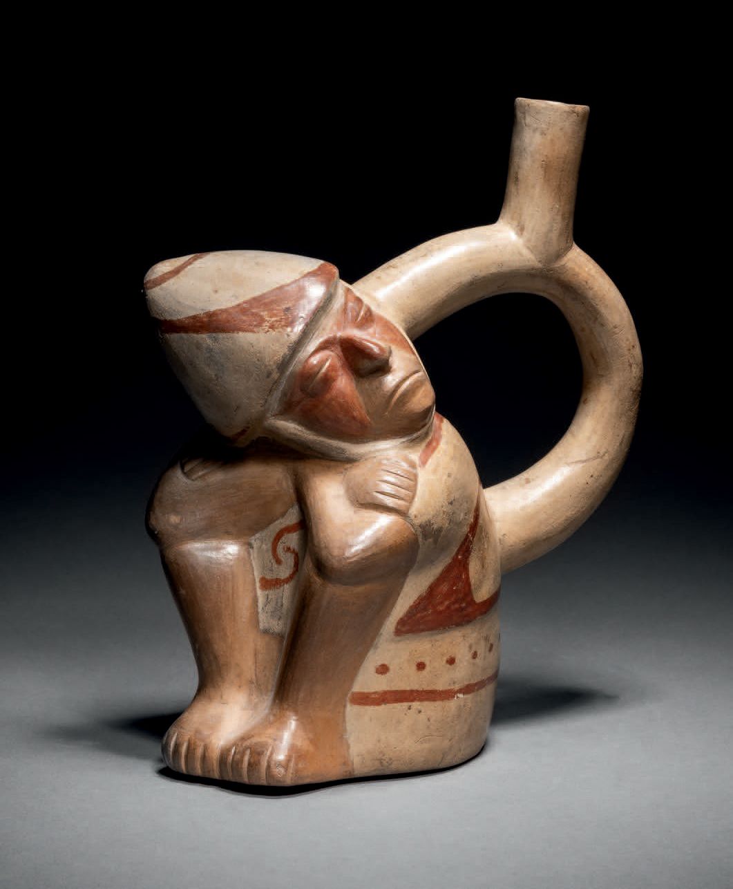 Null Ɵ Moche sleeping warrior stirrup vessel, Peru, ceramic with cream and red s&hellip;