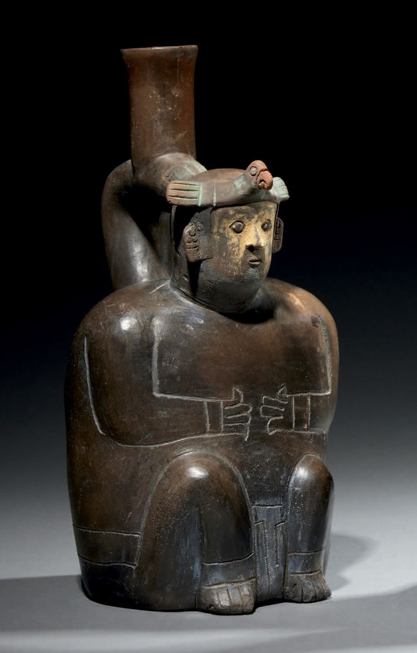 Null Ɵ Chavín (Tembladera) seated figure effigy stirrup vessel, Peru, ceramic wi&hellip;
