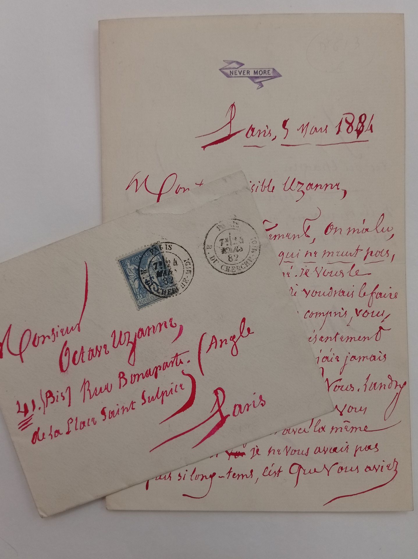 BARBEY D'AUREVILLY Jules (1808-1889). 签署给 "我看不见的乌桑 "的亲笔信，巴黎，1884年3月5日。2页，8开，红色墨水&hellip;