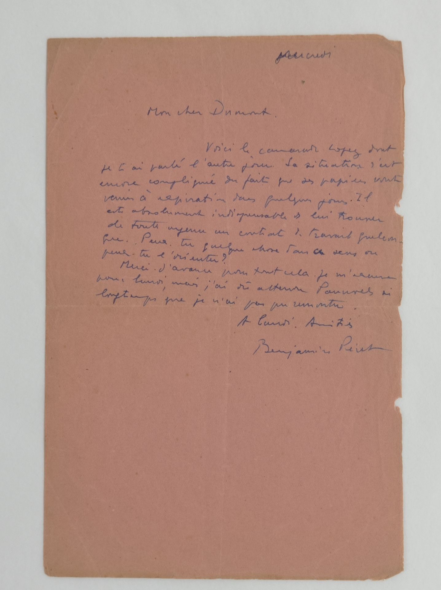 PÉRET Benjamin (1899-1959). 签署给他的 "亲爱的杜蒙 "的亲笔信。(s.L.N.D.)，"星期三"。鲑鱼纸上的半页8页。
"这是洛佩&hellip;