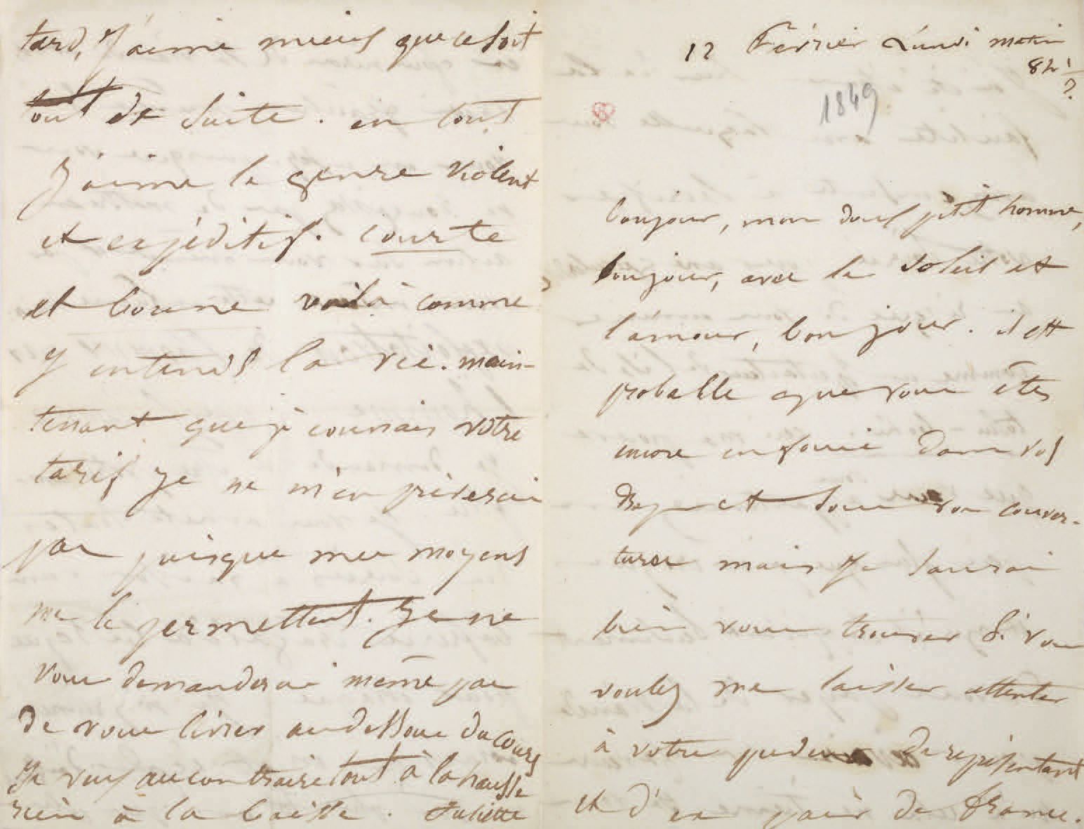 [HUGO Victor]. DROUET Juliette (1806-1883). 签名为 "朱丽叶 "的亲笔信给维克多-雨果，（单页）[1849]年2月1&hellip;