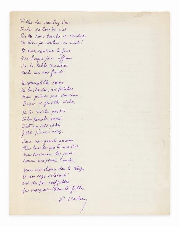 VALÉRY (Paul) 
柱子的颂歌》。亲笔签名的诗，[1918-1919年初]。 

2页4开（258 x 205毫米），用紫色墨水书写，装在现代黑色半马&hellip;