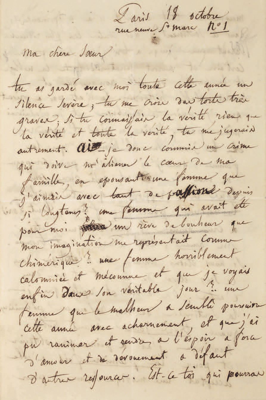 BERLIOZ (Hector). Carta autógrafa firmada a su hermana Nanci. En París. 18 de oc&hellip;