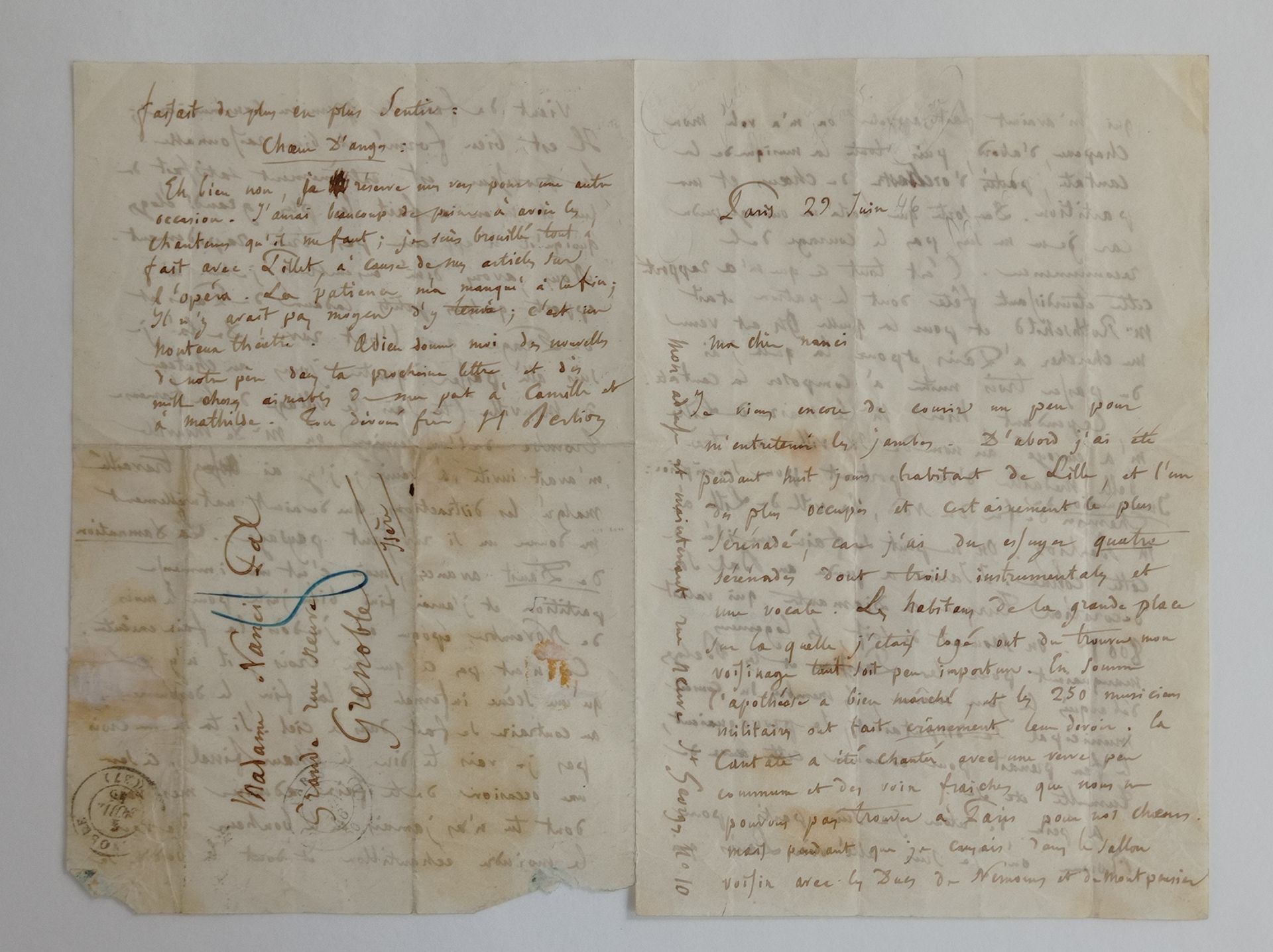 BERLIOZ (Hector). 签署给他妹妹Nanci Pal的亲笔信，日期为[1846]年6月29日，4页8开，有亲笔地址和邮戳。
关于《浮士德的诅咒》的&hellip;