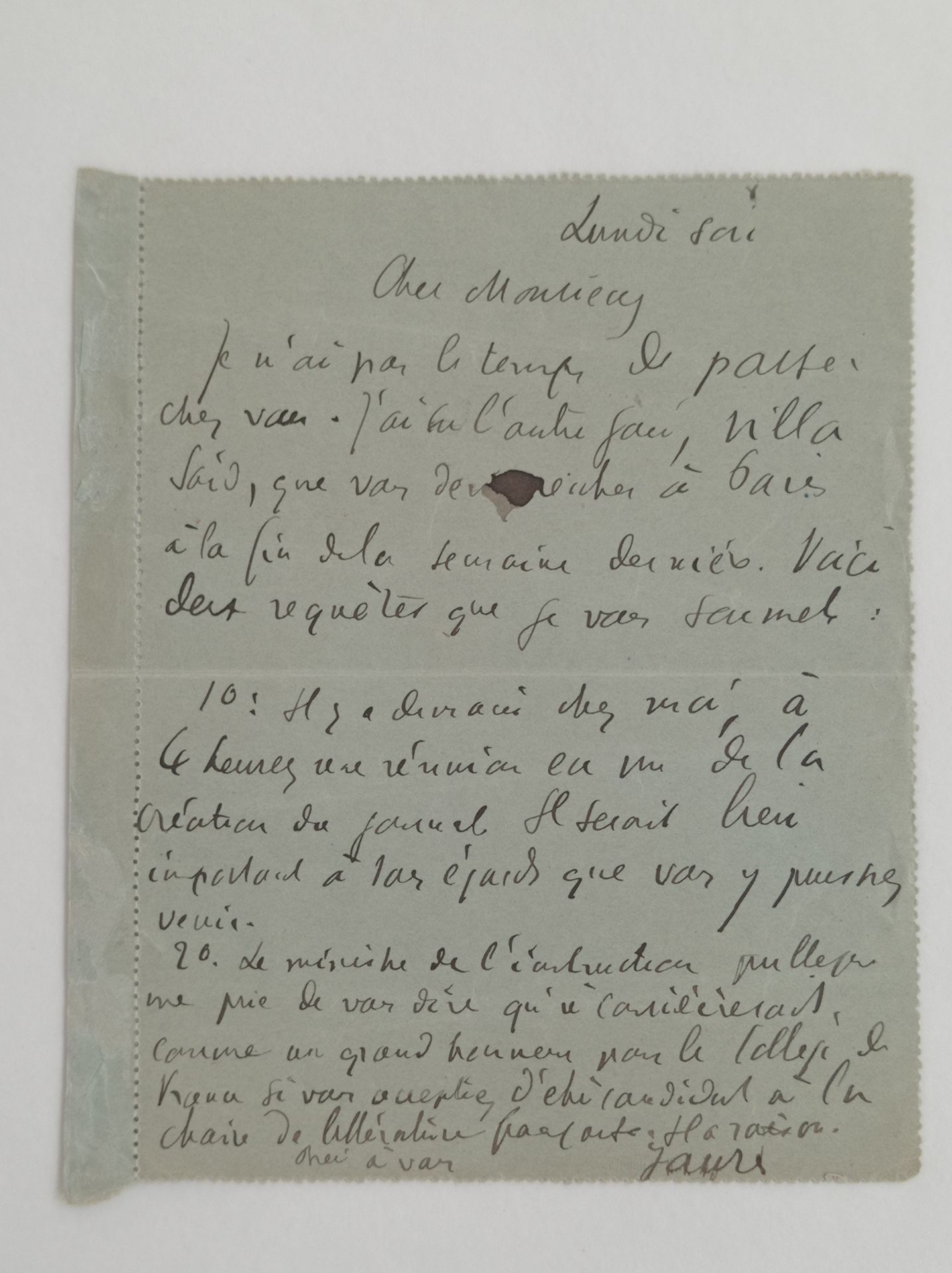 JAURÈS Jean (1859-1914). 签署给阿纳托尔-法兰西的亲笔气函，11月30日[1903]。1 p. In-12.
非常漂亮的信，他在信中谈到&hellip;