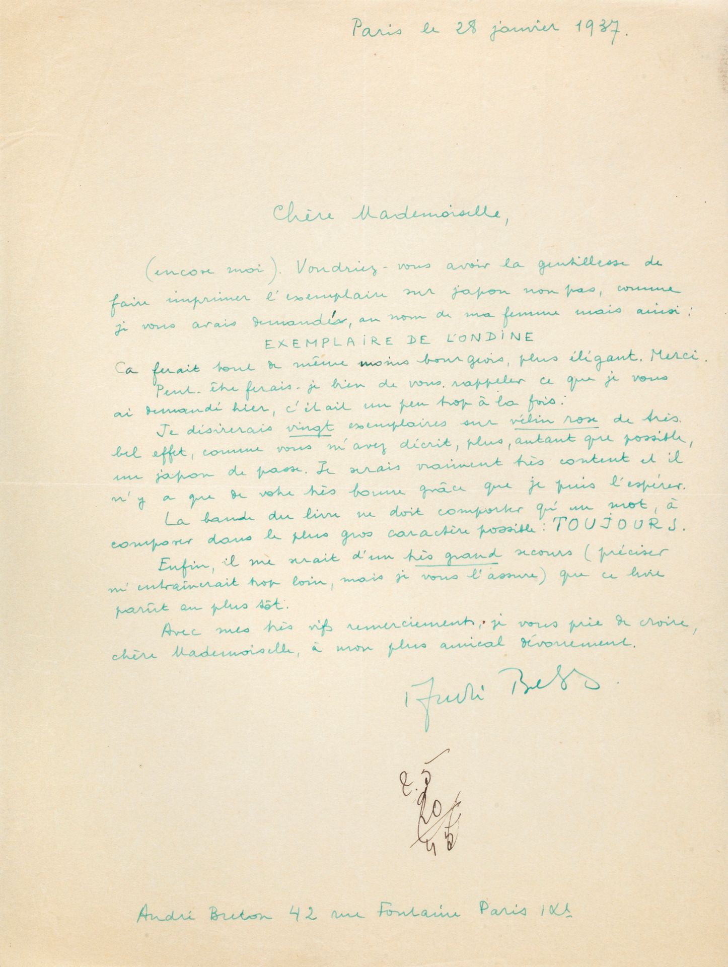 BRETON André (1896-1966). 签署给他的出版商的亲笔信，巴黎[42 rue Fontaine, Paris IXe]，1937年1月28日&hellip;