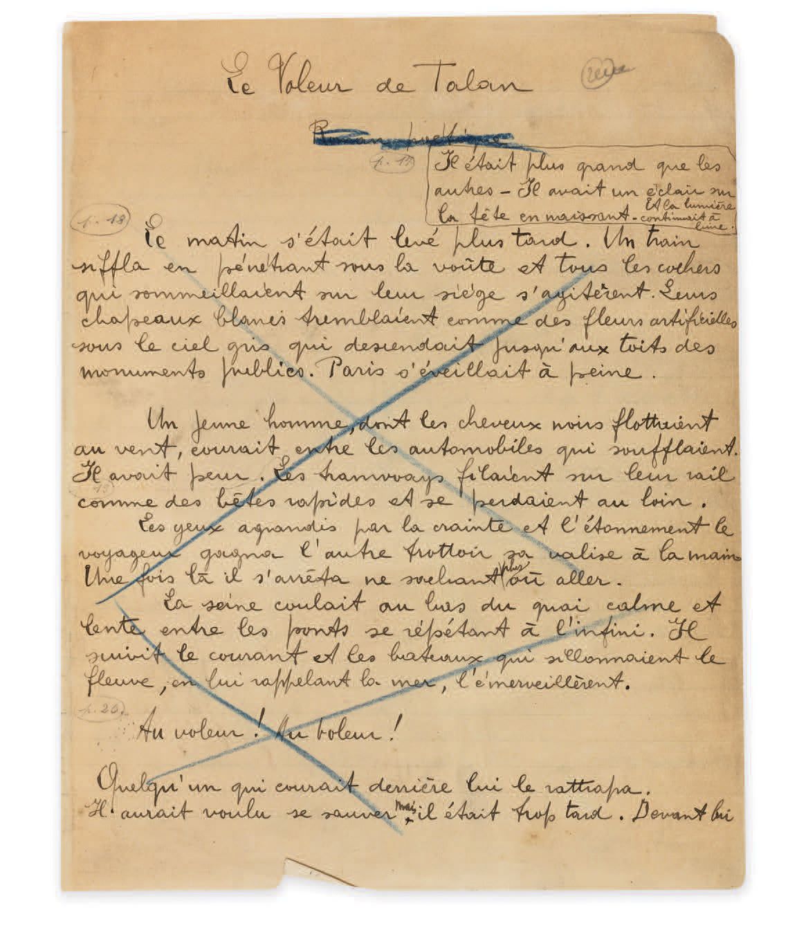 REVERDY (Pierre). 塔兰的盗贼》。亲笔手稿，[1917年之前]，47页，4开本（270 x 210毫米），用黑色墨水书写，装在标签上，装订成4开&hellip;