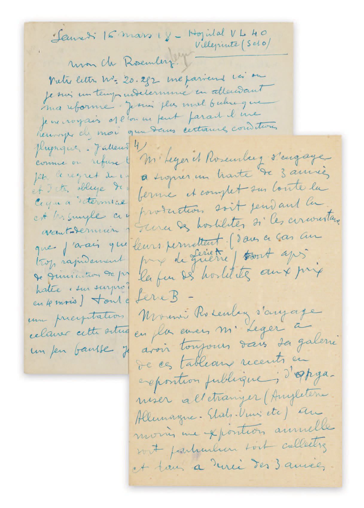 LÉGER (Fernand). 签署给莱昂斯-罗森伯格的亲笔信，日期为[19]18年3月16日（星期六）--VL 40医院维勒班（S.和W.），7页半，12英&hellip;